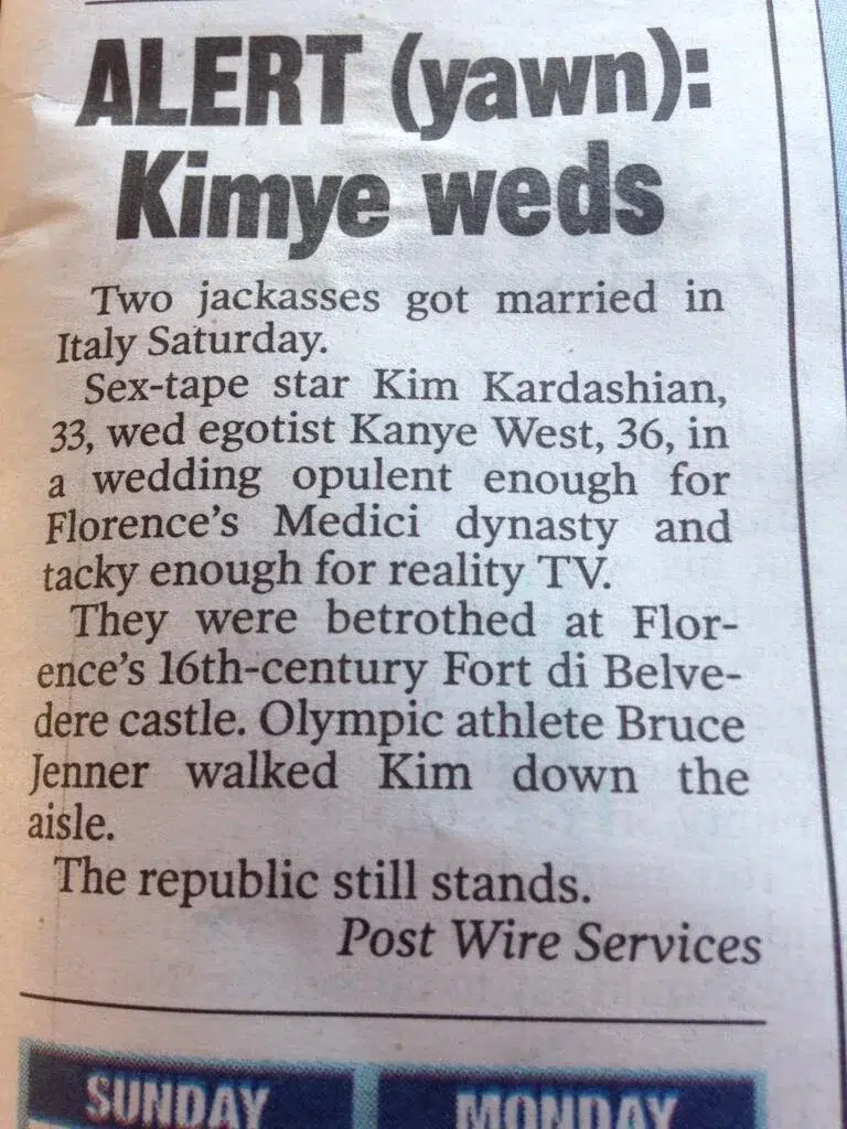 Read more about the article The New York Post’s Kim Kardashian – Kanye West wedding announcement was quite educational.