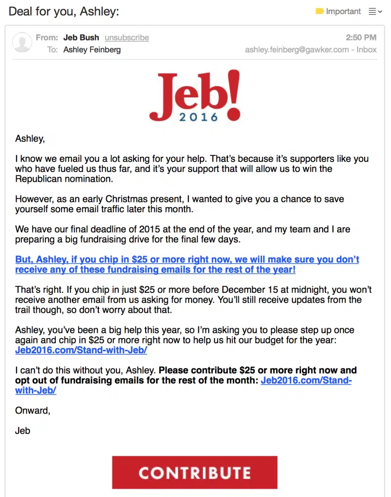 Read more about the article Awful Jeb Bush asks supporters for $25 in exchange for leaving them the hell alone. Seriously.